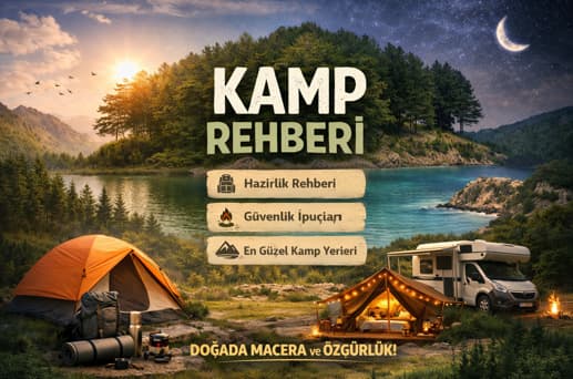 Doğada çadır kurmuş kampçıların yer aldığı kamp yapma rehberi görseli